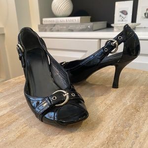 Stuart Weitzman 5.5 Black Pumps -  Patent Leather 3" Heel Peep Toe Buckle Detail